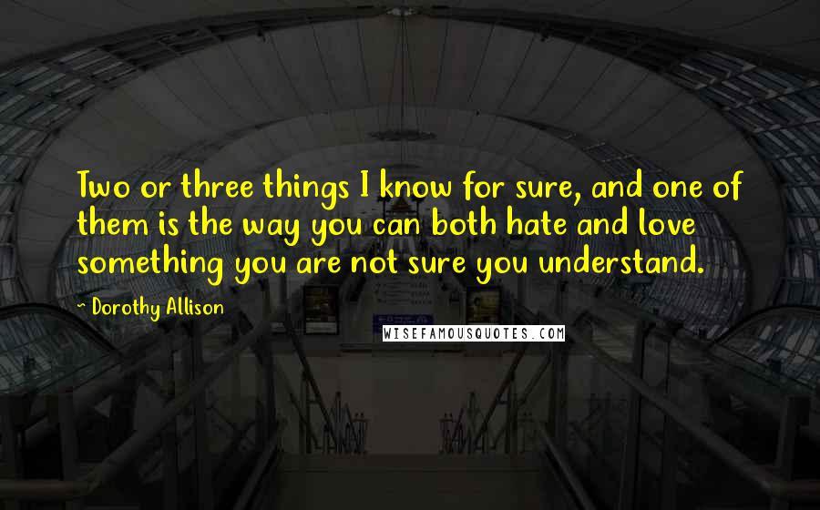 Dorothy Allison Quotes: Two or three things I know for sure, and one of them is the way you can both hate and love something you are not sure you understand.