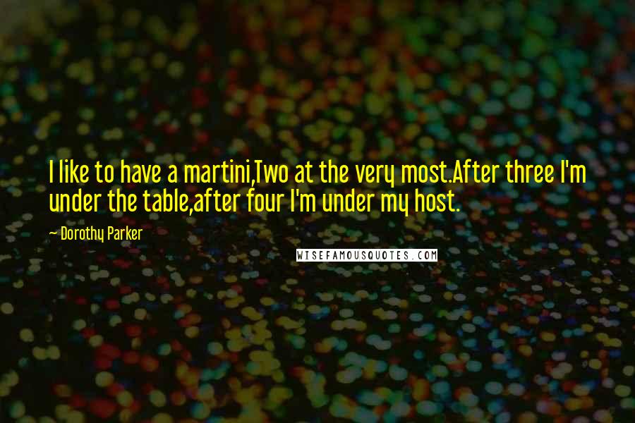 Dorothy Parker Quotes: I like to have a martini,Two at the very most.After three I'm under the table,after four I'm under my host.