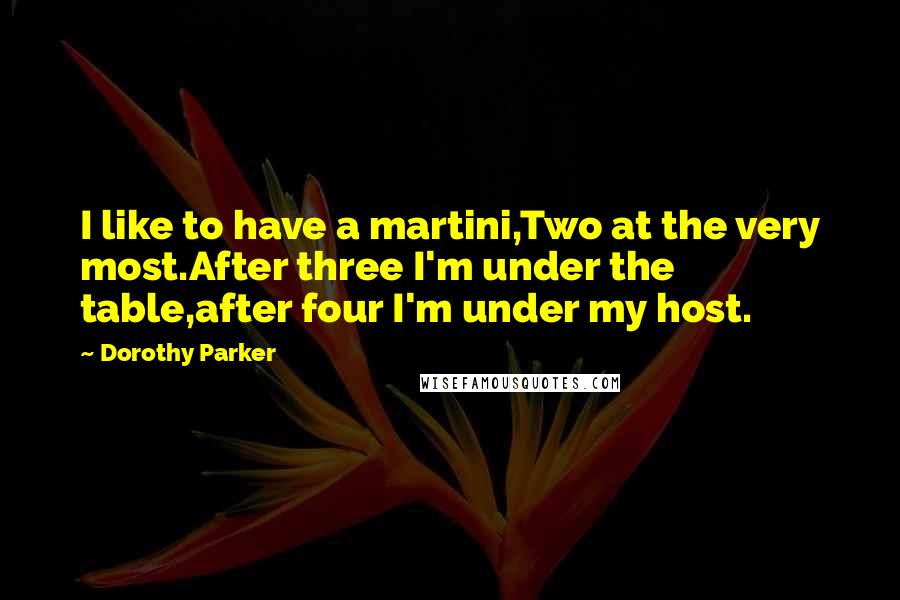 Dorothy Parker Quotes: I like to have a martini,Two at the very most.After three I'm under the table,after four I'm under my host.