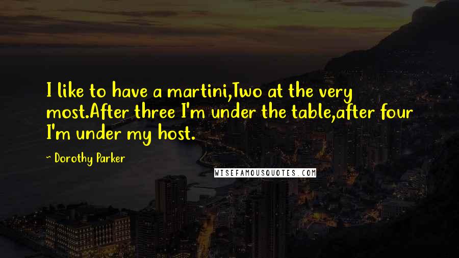 Dorothy Parker Quotes: I like to have a martini,Two at the very most.After three I'm under the table,after four I'm under my host.