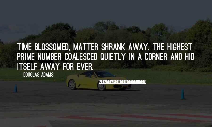 Douglas Adams Quotes: Time blossomed, matter shrank away. The highest prime number coalesced quietly in a corner and hid itself away for ever.