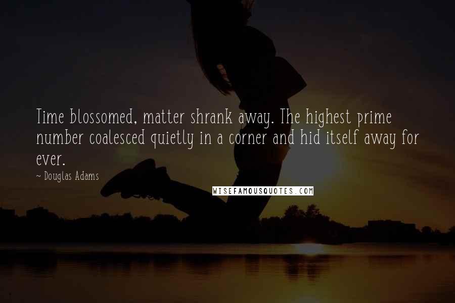 Douglas Adams Quotes: Time blossomed, matter shrank away. The highest prime number coalesced quietly in a corner and hid itself away for ever.