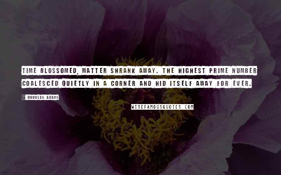Douglas Adams Quotes: Time blossomed, matter shrank away. The highest prime number coalesced quietly in a corner and hid itself away for ever.