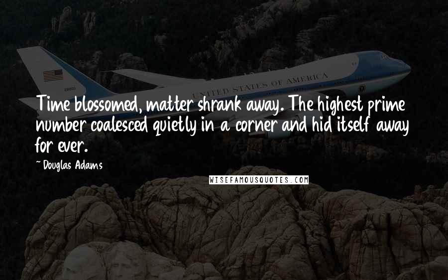 Douglas Adams Quotes: Time blossomed, matter shrank away. The highest prime number coalesced quietly in a corner and hid itself away for ever.