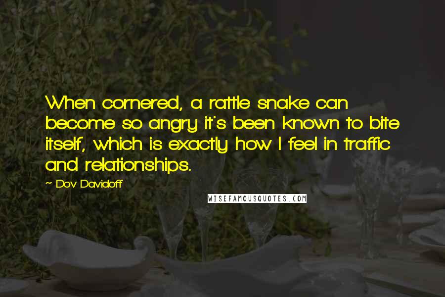 Dov Davidoff Quotes: When cornered, a rattle snake can become so angry it's been known to bite itself, which is exactly how I feel in traffic and relationships.
