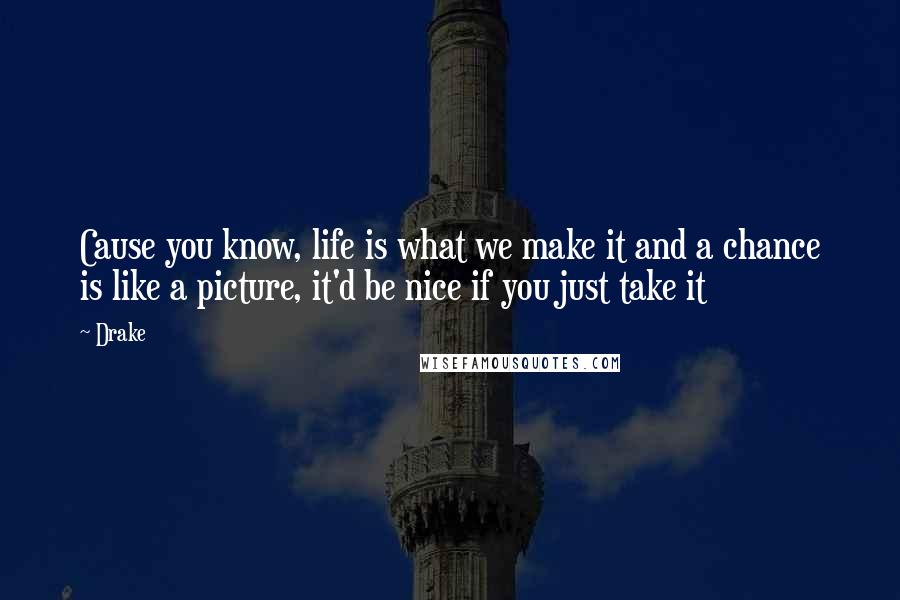 Drake Quotes: Cause you know, life is what we make it and a chance is like a picture, it'd be nice if you just take it