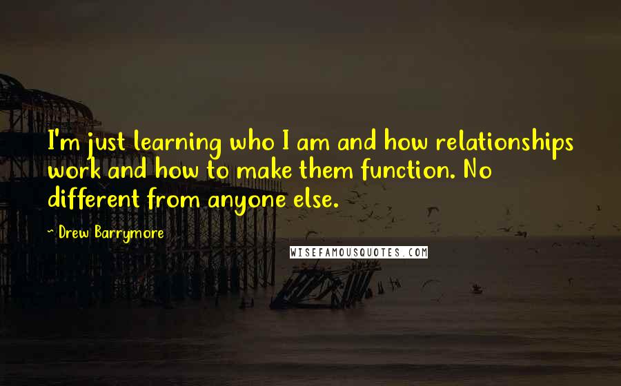 Drew Barrymore Quotes: I'm just learning who I am and how relationships work and how to make them function. No different from anyone else.