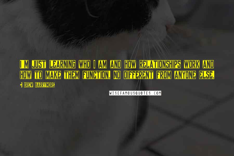 Drew Barrymore Quotes: I'm just learning who I am and how relationships work and how to make them function. No different from anyone else.