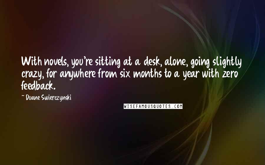 Duane Swierczynski Quotes: With novels, you're sitting at a desk, alone, going slightly crazy, for anywhere from six months to a year with zero feedback.