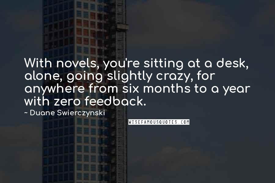 Duane Swierczynski Quotes: With novels, you're sitting at a desk, alone, going slightly crazy, for anywhere from six months to a year with zero feedback.
