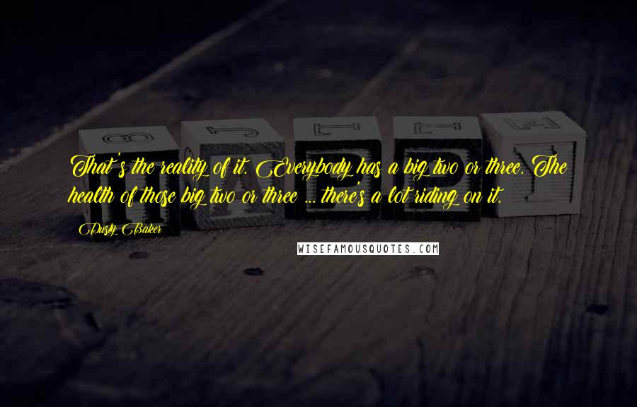 Dusty Baker Quotes: That's the reality of it. Everybody has a big two or three. The health of those big two or three ... there's a lot riding on it.