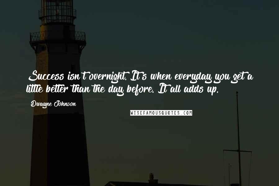 Dwayne Johnson Quotes: Success isn't overnight. It's when everyday you get a little better than the day before. It all adds up.