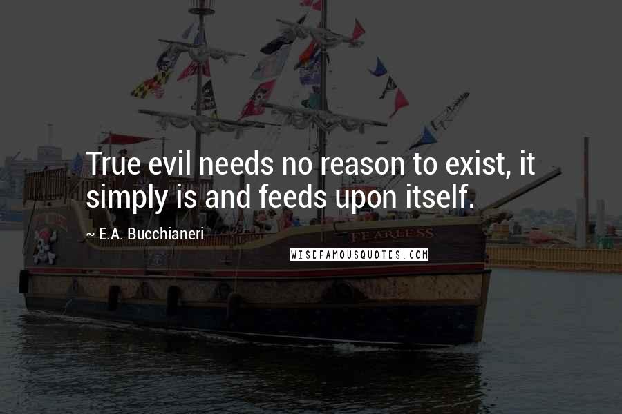 E.A. Bucchianeri Quotes: True evil needs no reason to exist, it simply is and feeds upon itself.