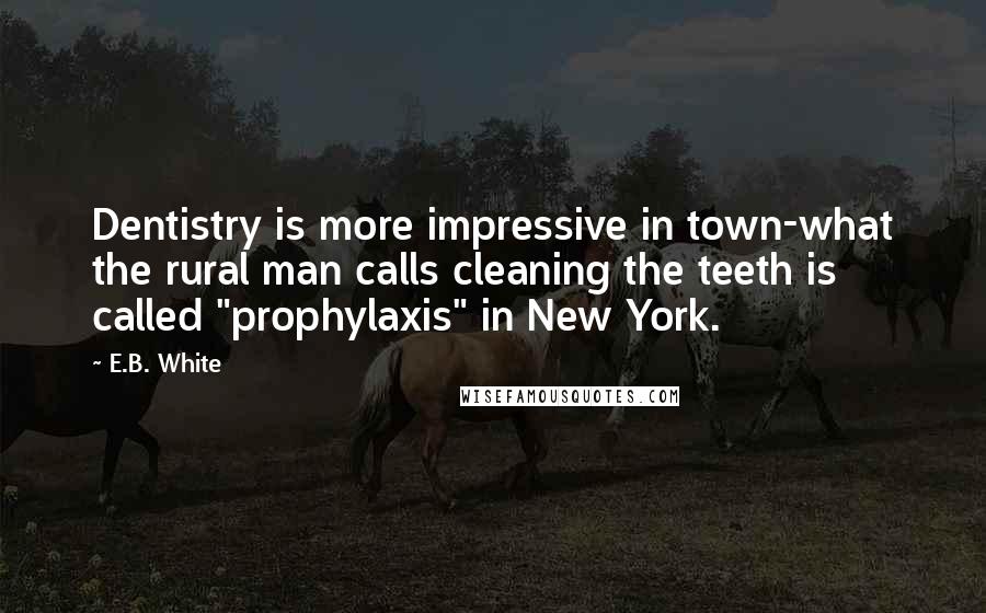 E.B. White Quotes: Dentistry is more impressive in town-what the rural man calls cleaning the teeth is called "prophylaxis" in New York.