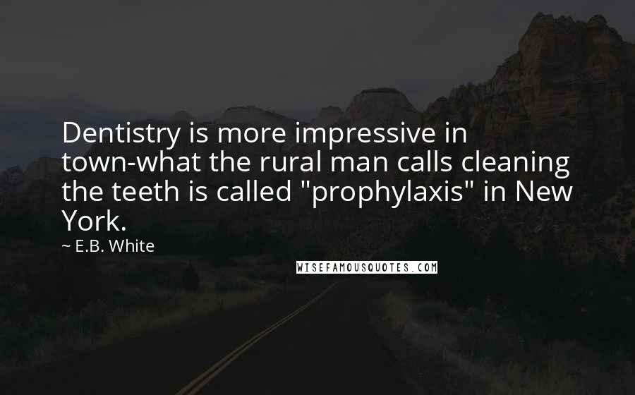 E.B. White Quotes: Dentistry is more impressive in town-what the rural man calls cleaning the teeth is called "prophylaxis" in New York.