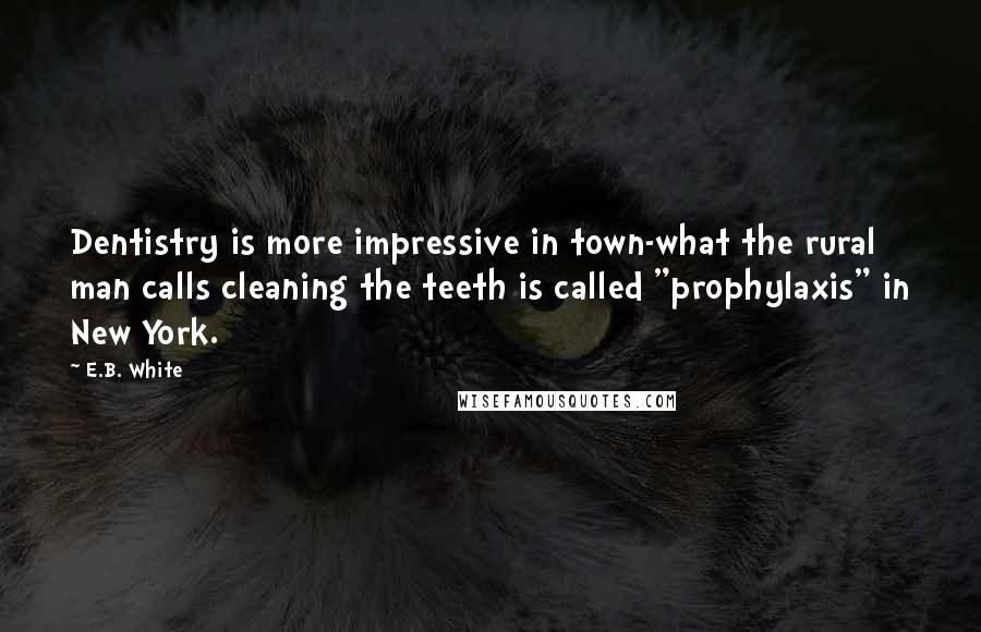 E.B. White Quotes: Dentistry is more impressive in town-what the rural man calls cleaning the teeth is called "prophylaxis" in New York.