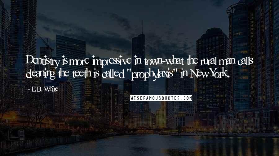 E.B. White Quotes: Dentistry is more impressive in town-what the rural man calls cleaning the teeth is called "prophylaxis" in New York.