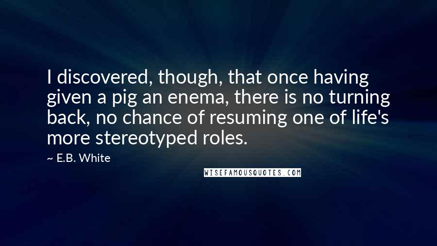 E.B. White Quotes: I discovered, though, that once having given a pig an enema, there is no turning back, no chance of resuming one of life's more stereotyped roles.