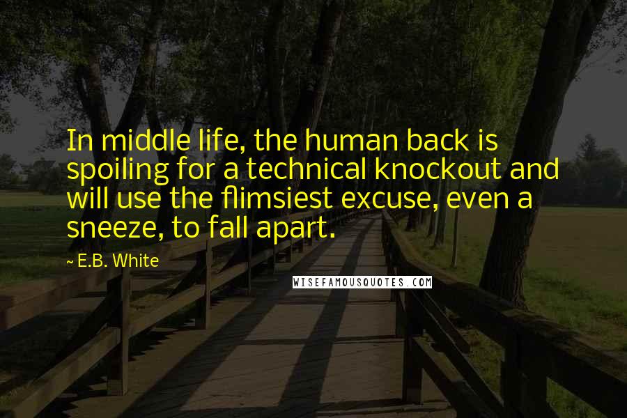 E.B. White Quotes: In middle life, the human back is spoiling for a technical knockout and will use the flimsiest excuse, even a sneeze, to fall apart.