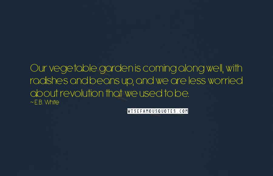 E.B. White Quotes: Our vegetable garden is coming along well, with radishes and beans up, and we are less worried about revolution that we used to be.