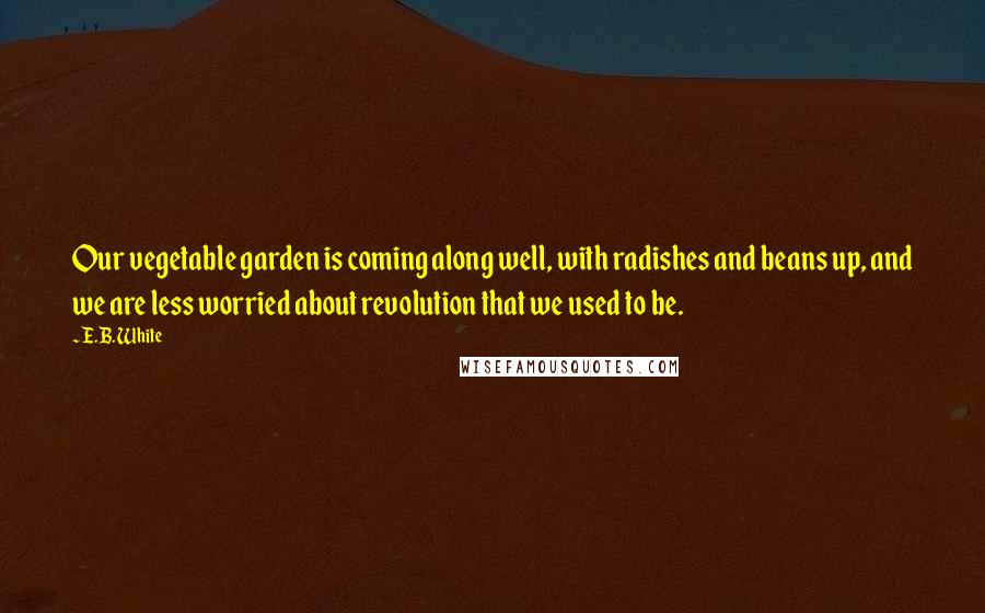 E.B. White Quotes: Our vegetable garden is coming along well, with radishes and beans up, and we are less worried about revolution that we used to be.