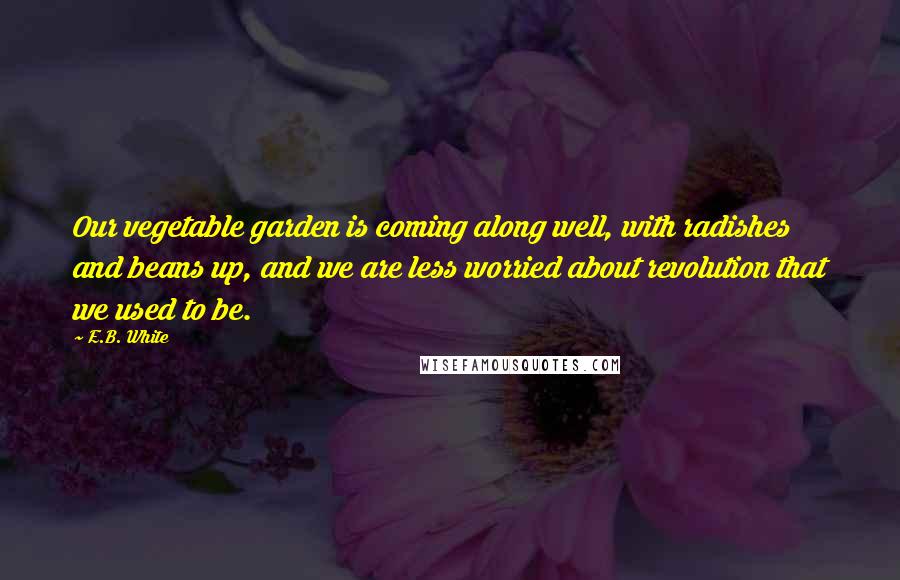 E.B. White Quotes: Our vegetable garden is coming along well, with radishes and beans up, and we are less worried about revolution that we used to be.
