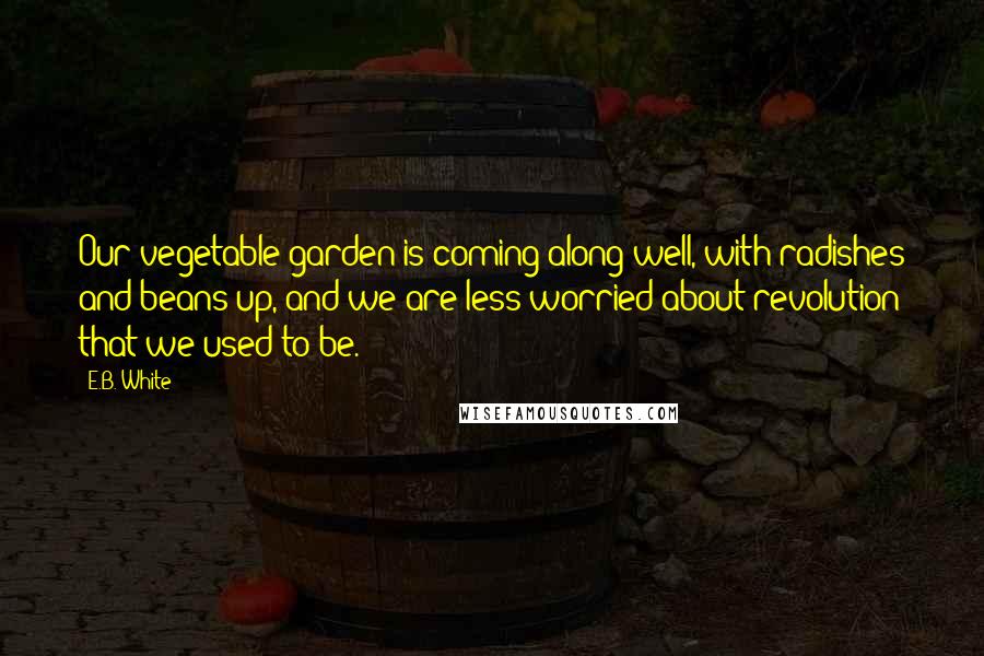 E.B. White Quotes: Our vegetable garden is coming along well, with radishes and beans up, and we are less worried about revolution that we used to be.