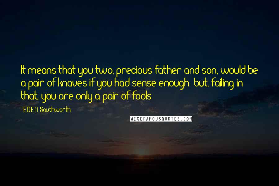 E.D.E.N. Southworth Quotes: It means that you two, precious father and son, would be a pair of knaves if you had sense enough; but, failing in that, you are only a pair of fools!