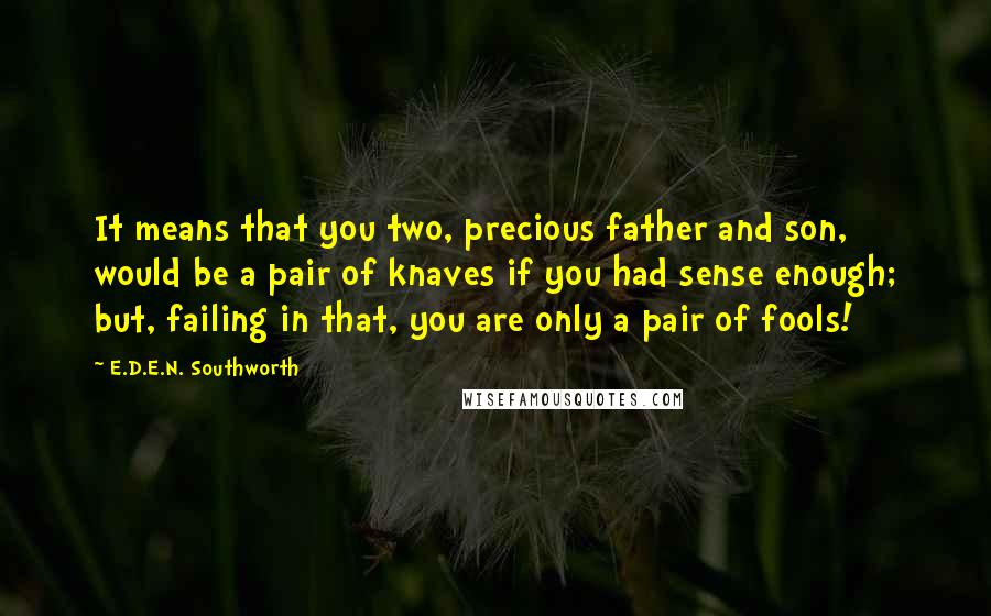 E.D.E.N. Southworth Quotes: It means that you two, precious father and son, would be a pair of knaves if you had sense enough; but, failing in that, you are only a pair of fools!