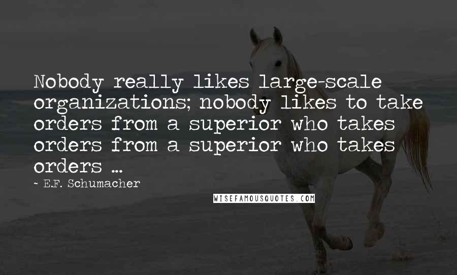 E.F. Schumacher Quotes: Nobody really likes large-scale organizations; nobody likes to take orders from a superior who takes orders from a superior who takes orders ...