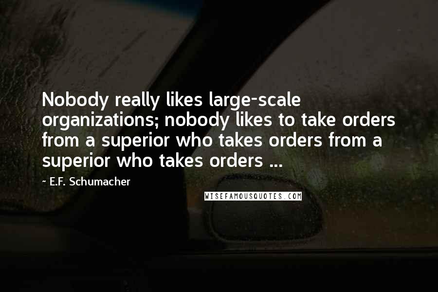 E.F. Schumacher Quotes: Nobody really likes large-scale organizations; nobody likes to take orders from a superior who takes orders from a superior who takes orders ...