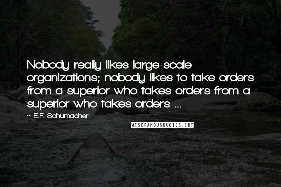 E.F. Schumacher Quotes: Nobody really likes large-scale organizations; nobody likes to take orders from a superior who takes orders from a superior who takes orders ...