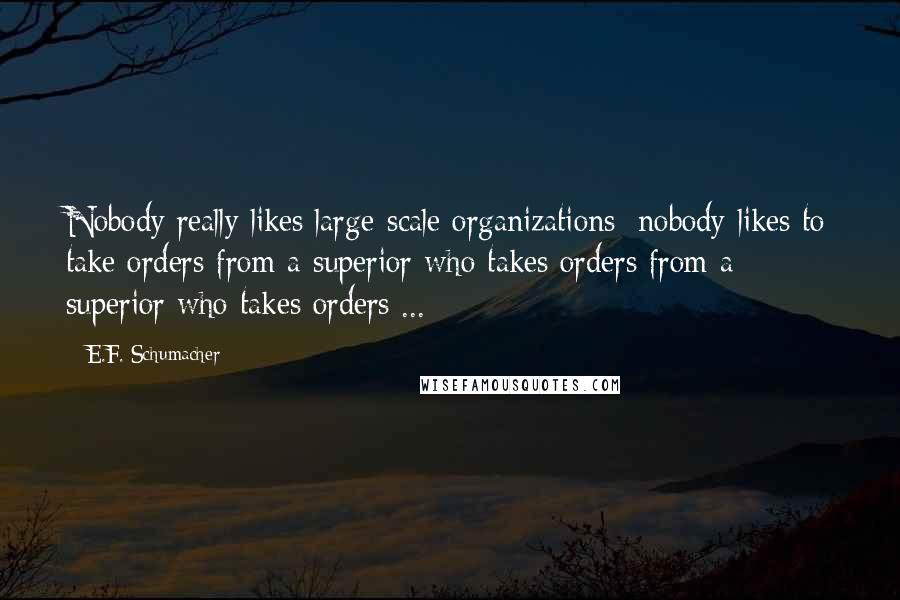 E.F. Schumacher Quotes: Nobody really likes large-scale organizations; nobody likes to take orders from a superior who takes orders from a superior who takes orders ...