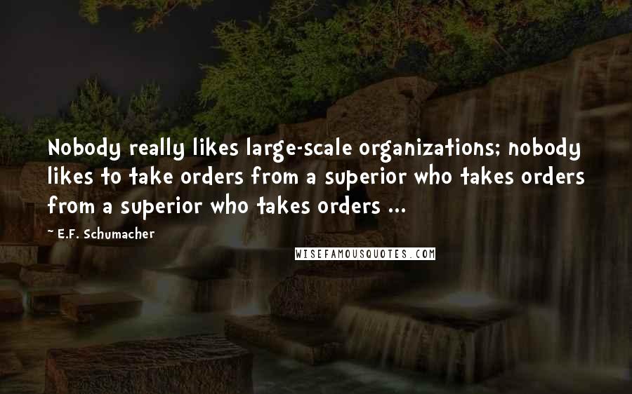 E.F. Schumacher Quotes: Nobody really likes large-scale organizations; nobody likes to take orders from a superior who takes orders from a superior who takes orders ...