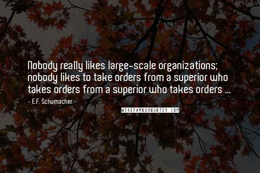 E.F. Schumacher Quotes: Nobody really likes large-scale organizations; nobody likes to take orders from a superior who takes orders from a superior who takes orders ...