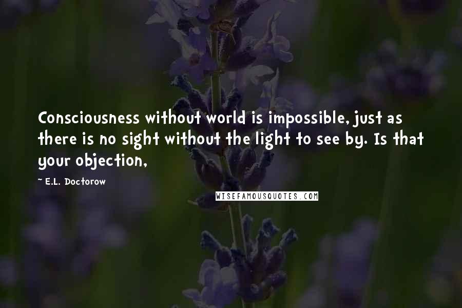 E.L. Doctorow Quotes: Consciousness without world is impossible, just as there is no sight without the light to see by. Is that your objection,