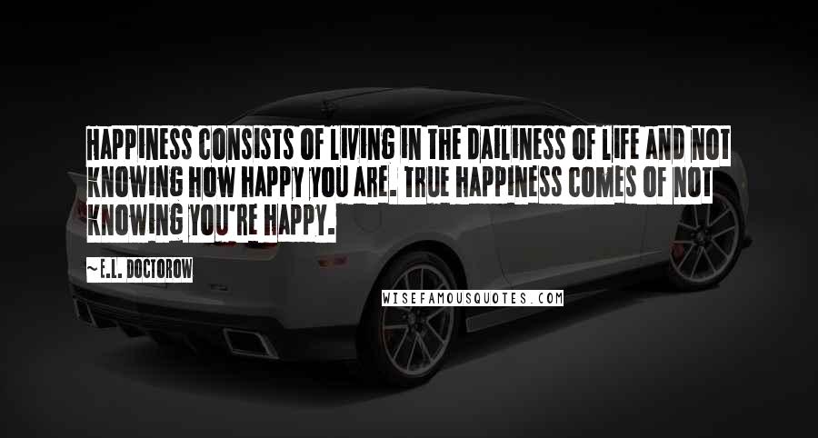 E.L. Doctorow Quotes: Happiness consists of living in the dailiness of life and not knowing how happy you are. True happiness comes of not knowing you're happy.