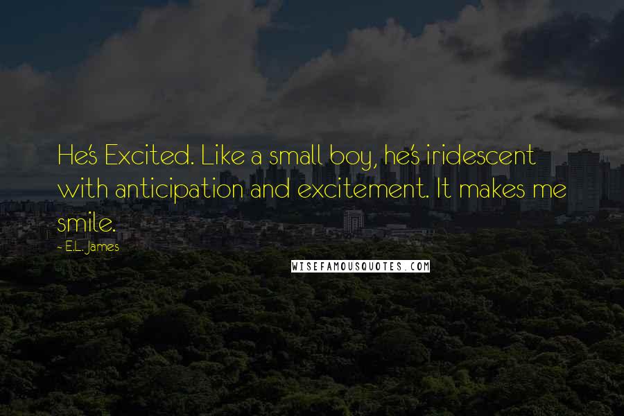 E.L. James Quotes: He's Excited. Like a small boy, he's iridescent with anticipation and excitement. It makes me smile.