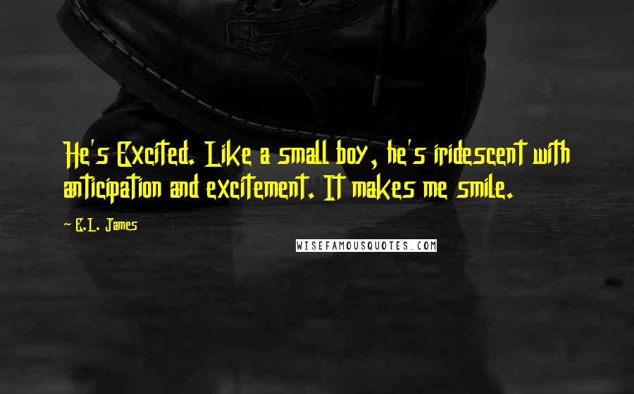 E.L. James Quotes: He's Excited. Like a small boy, he's iridescent with anticipation and excitement. It makes me smile.