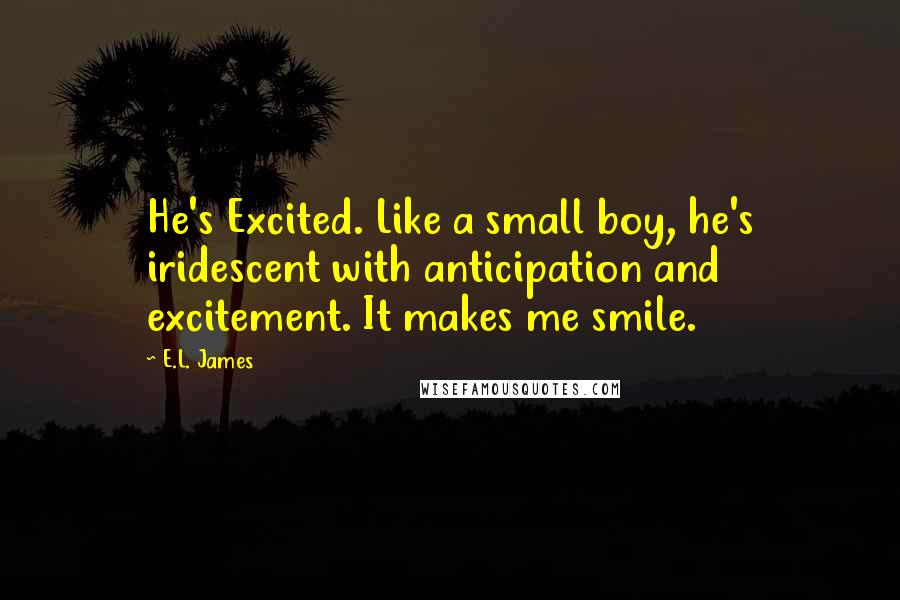 E.L. James Quotes: He's Excited. Like a small boy, he's iridescent with anticipation and excitement. It makes me smile.