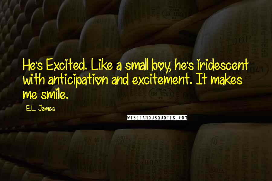 E.L. James Quotes: He's Excited. Like a small boy, he's iridescent with anticipation and excitement. It makes me smile.