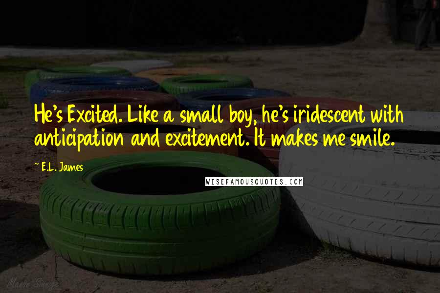 E.L. James Quotes: He's Excited. Like a small boy, he's iridescent with anticipation and excitement. It makes me smile.