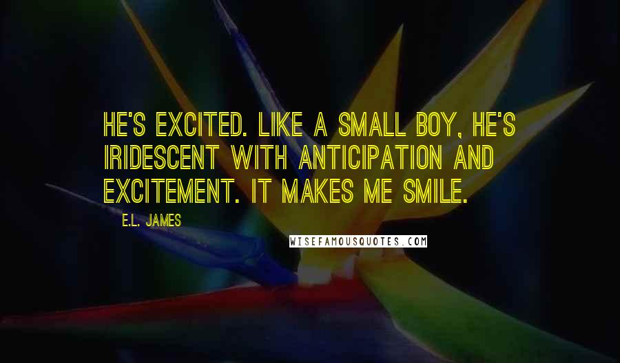 E.L. James Quotes: He's Excited. Like a small boy, he's iridescent with anticipation and excitement. It makes me smile.