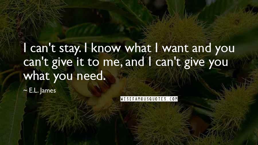 E.L. James Quotes: I can't stay. I know what I want and you can't give it to me, and I can't give you what you need.