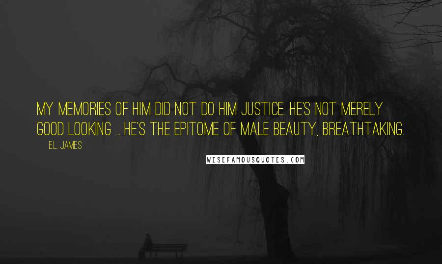 E.L. James Quotes: My memories of him did not do him justice. He's not merely good looking ... he's the epitome of male beauty, breathtaking.