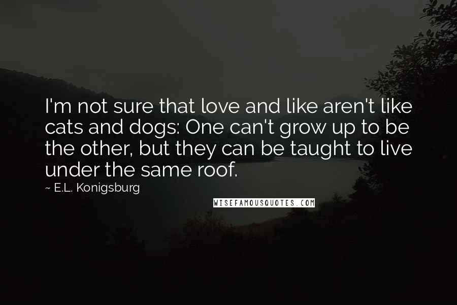 E.L. Konigsburg Quotes: I'm not sure that love and like aren't like cats and dogs: One can't grow up to be the other, but they can be taught to live under the same roof.