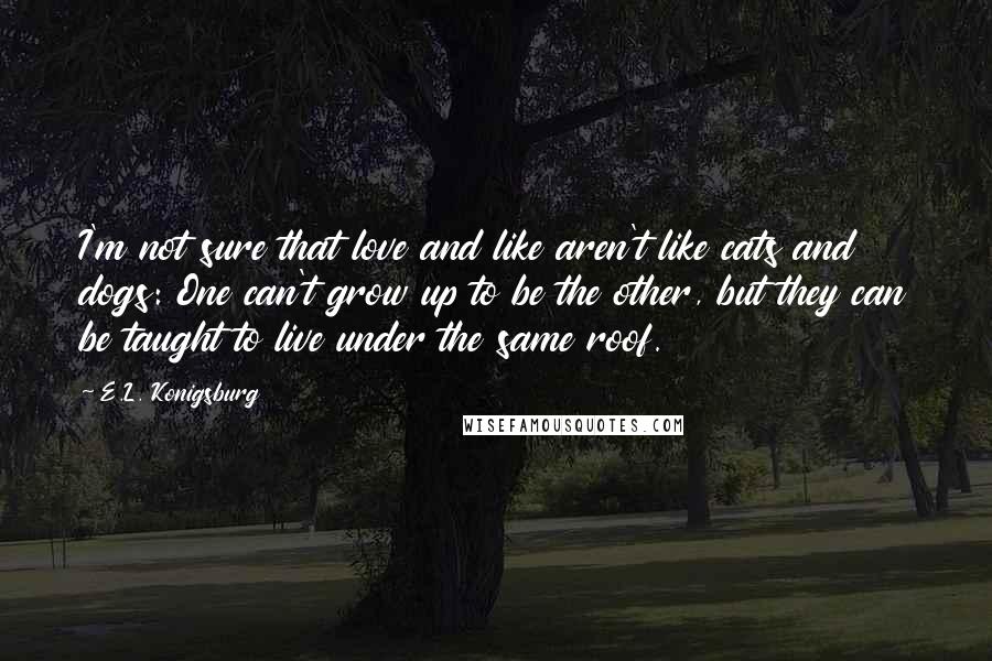 E.L. Konigsburg Quotes: I'm not sure that love and like aren't like cats and dogs: One can't grow up to be the other, but they can be taught to live under the same roof.