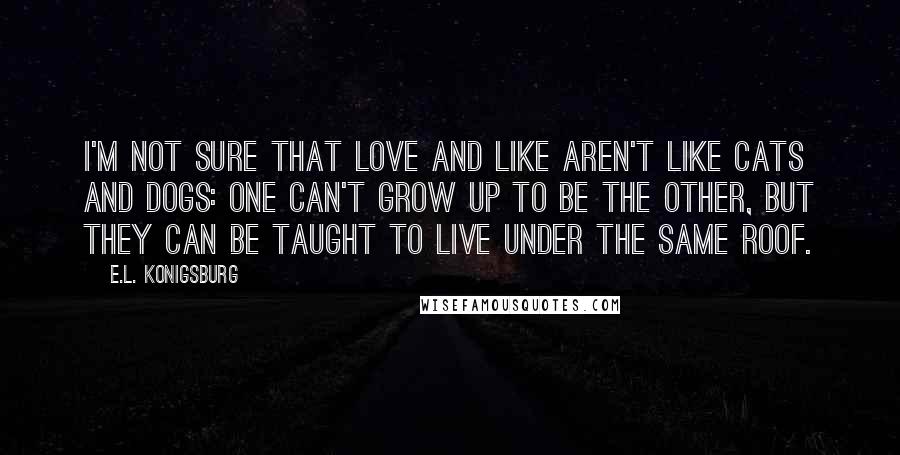 E.L. Konigsburg Quotes: I'm not sure that love and like aren't like cats and dogs: One can't grow up to be the other, but they can be taught to live under the same roof.