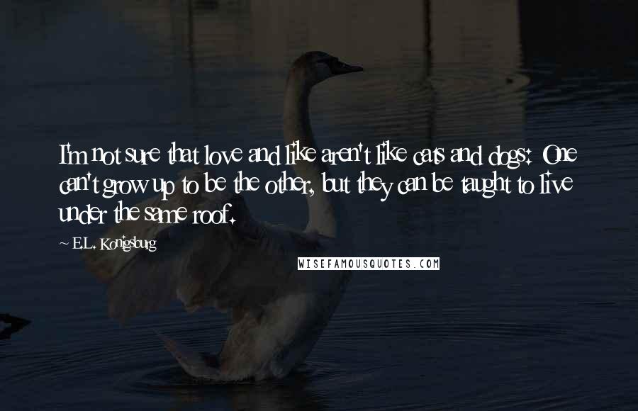 E.L. Konigsburg Quotes: I'm not sure that love and like aren't like cats and dogs: One can't grow up to be the other, but they can be taught to live under the same roof.