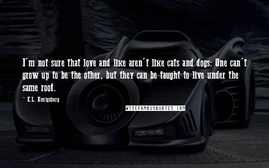 E.L. Konigsburg Quotes: I'm not sure that love and like aren't like cats and dogs: One can't grow up to be the other, but they can be taught to live under the same roof.